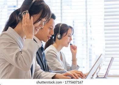 Group Asian Operator Call Center Customer Stock Photo