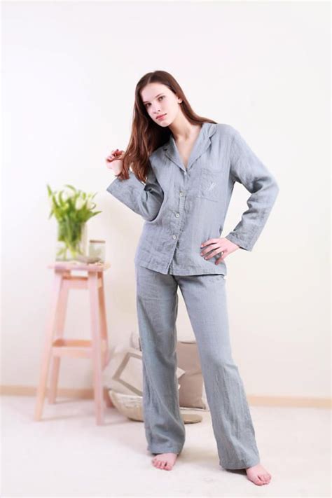 Linen Pajama Set For Women Monogrammed Pajama With Bag Personalized