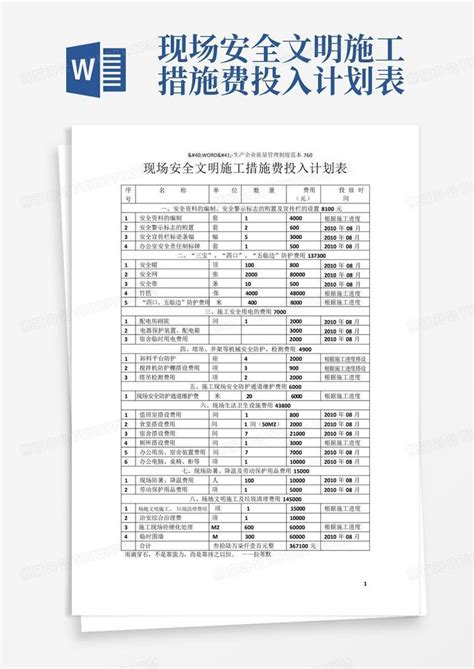 现场安全文明施工措施费投入计划表 Word模板下载编号qerabdee熊猫办公