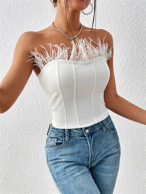 Shein Bae Fuzzy Trim Tube Top Shein Uk