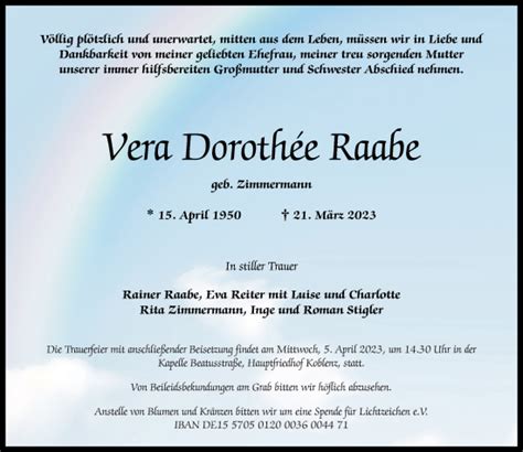 Traueranzeigen Von Vera Dorothee Raabe Rz Trauer De