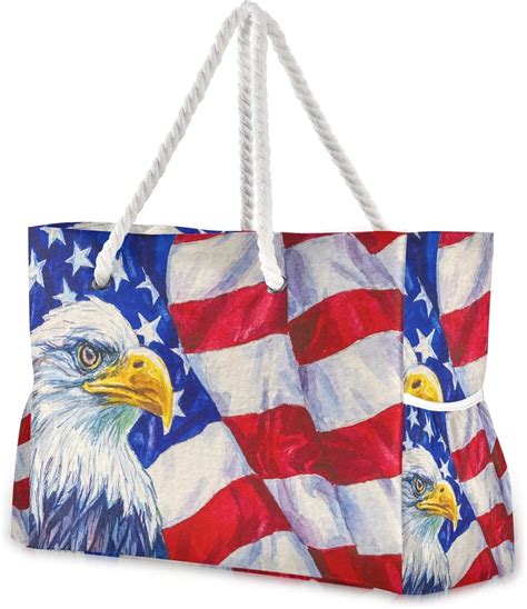 Unise Eagle On American Flag Large Beach Tote Bag With Zipper Waterproof Sandproof