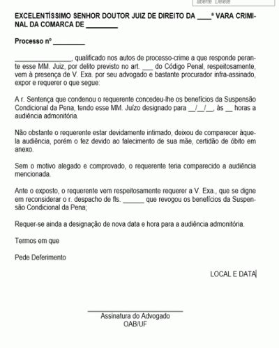 Referência para Petição Pedido Audiência Admonitória Modelo Gratuito