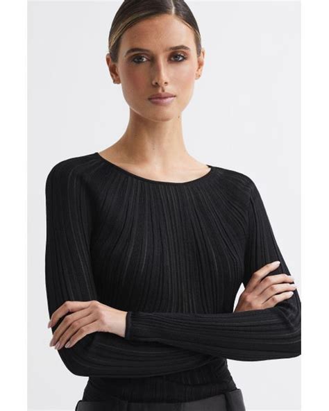 Reiss Lenni Black Sheer Knitted Long Sleeve Top Lyst