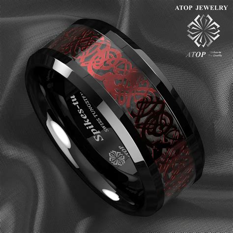 Anillo De Tungsteno Negro De Mm Drag N Celta Rojo Anillo De Fibra De