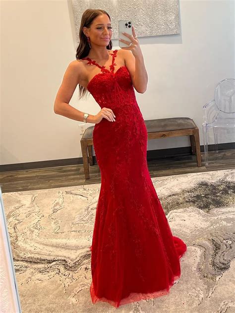 Morgan Red Mermaid Halter Neck Lace Mermaid Long Prom Dress