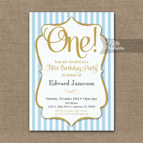 1st Birthday Invitation Blue Gold PRINTED - Nifty Printables