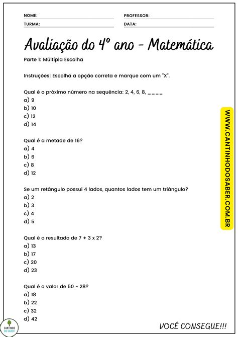Avaliações De Matematica 4 Ano