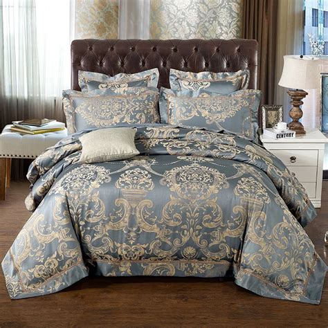 Luxury Bule Jacquard Satin Silk Bedding Set King Queen Size Pcs