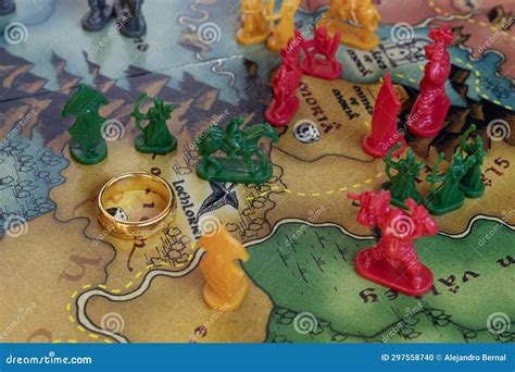 Close Up To A Lord Of The Rings Risk Strategy Board Game Map With Color Pawns And Ring Of Power