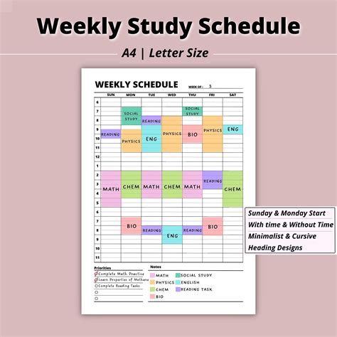 Printable Weekly Study Schedule Weekly Study Planner Student - Etsy UK ...