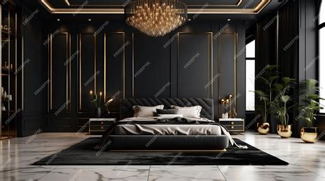 Premium Photo | Black and Gold Bedroom with Chandelier and Marble Floors