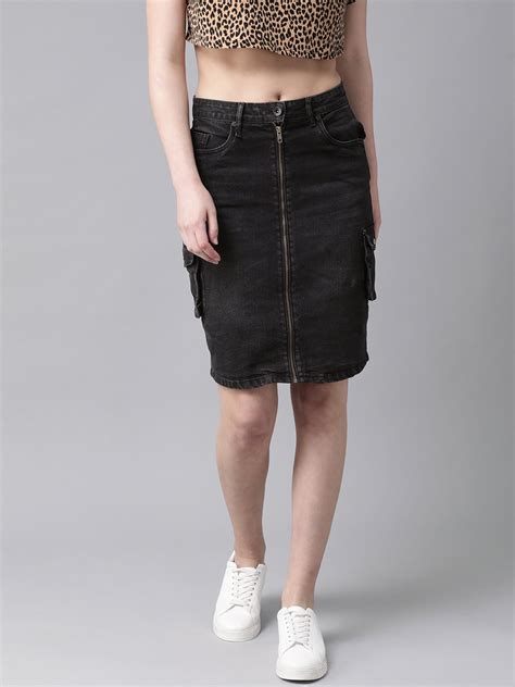 Buy The Roadster Lifestyle Co Women Black Solid Denim Straight Skirt