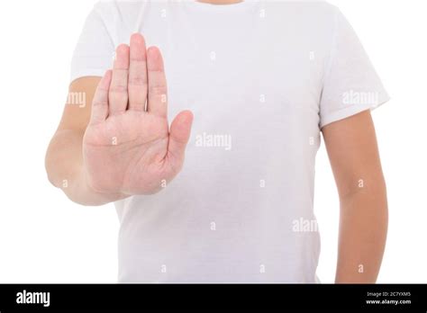 young man doing a stop symbol isolated on white background Stock Photo ...