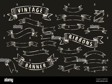 Set Of Vintage Ribbons Hand Drawn Design Element In Engraving Style