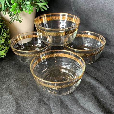 Libbey Dining Set Of Vintage Mcm Libbey Gold Rimmed Glass Cereal