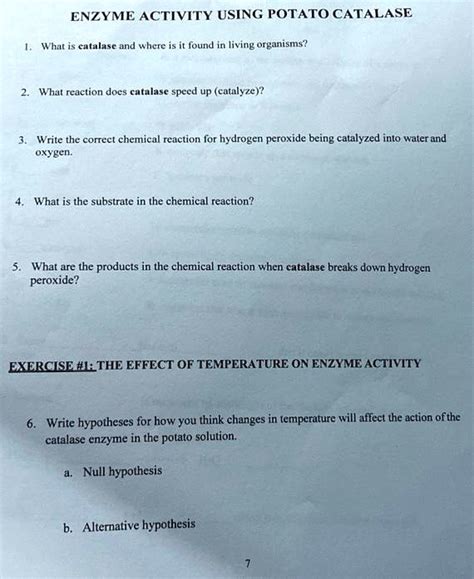 Solved Enzyme Activity Using Potato Catalase What Is Catalase And