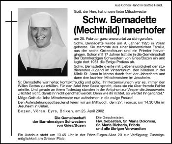 Traueranzeigen Von Bernadette Mechthild Innerhofer Trauer Bz