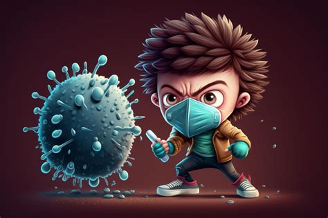 Cartoon Boy Fighting Vs Virus Bacteria And Viruses Illustration