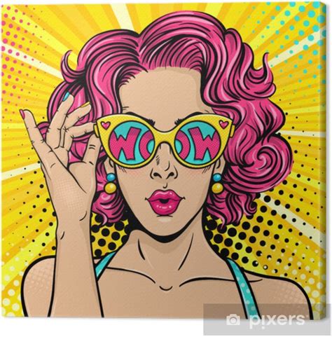 Canvas Print Wow Pop Art Face Sexy Surprised Woman With Pink Curly