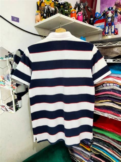 Kaos Polo GU Garis Garis Putih Biru Dongker Merah Fesyen Pria Pakaian