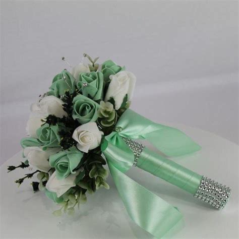 Realistic Artificial White Mint Green Wedding Bouquet Singles And