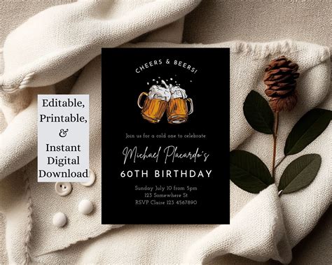 60th Birthday Invitation For Men Digital Download Cheers And Beers