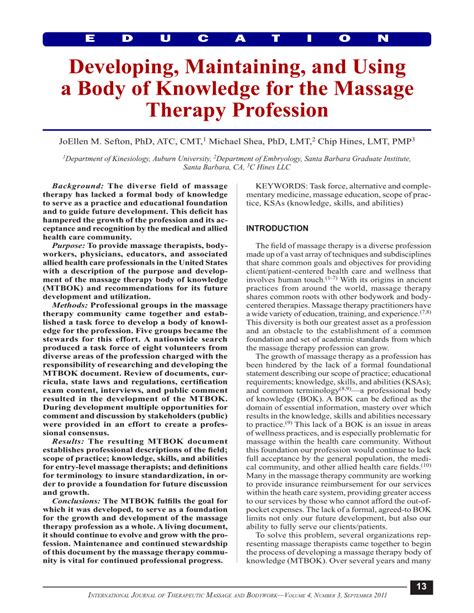 Pdf Developing Maintaining And Using A Body Of Knowledge For The Massage Therapy Profession