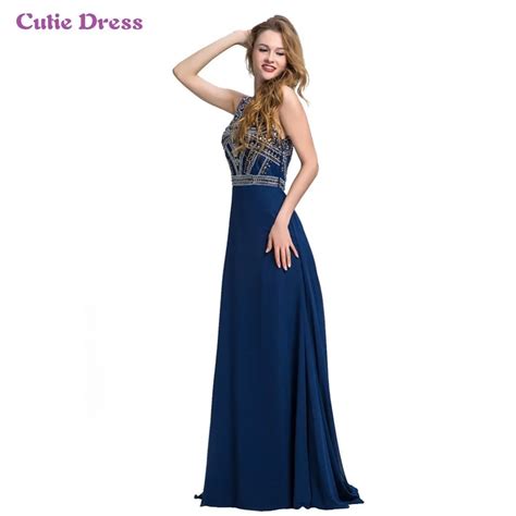 Navy Blue Prom Dress Long Chiffon Crystal Beading Floor Length Long