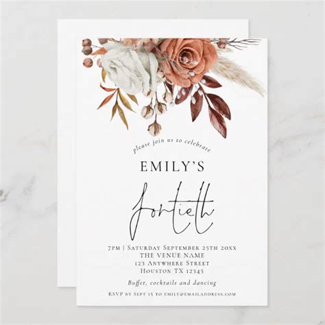 Elegant Terracotta Florals Fortieth Birthday Party Invitation Zazzle