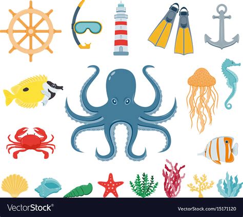 Sea icons and symbols set animals nautical Vector Image