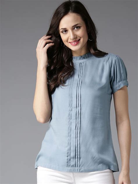 Buy Hereandnow Women Blue Solid Top Tops For Women 2000695 Myntra In 2021 Pants Women