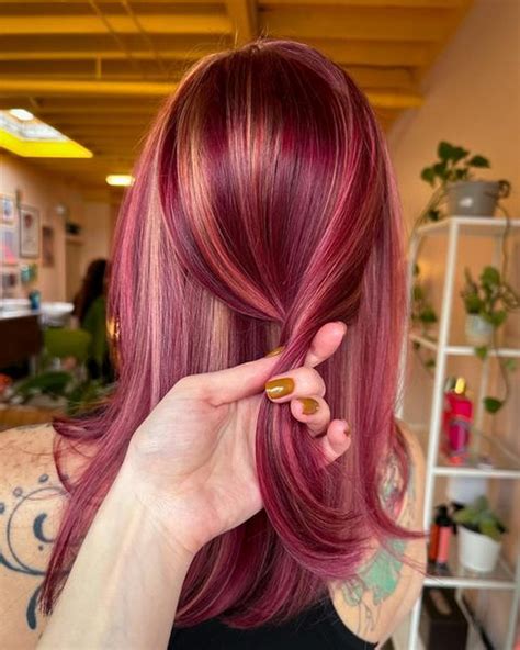 Dark Red Hair Color With Blonde Highlights