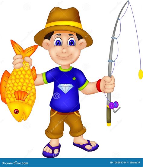 Funny Angler Cartoon Bring Fish And Fishing Equipment Cartoondealer