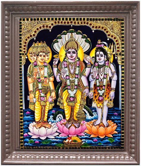 shivan vishnu brahma tanjore painting ttagallery
