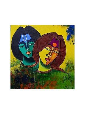 Radha Krishan Playing Flute Together Acrylic Color Painting On Canvas