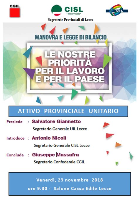 ATTIVO UNITARIO DI CGIL CISL E UIL SULLA LEGGE DI BILANCIO Appuntamento