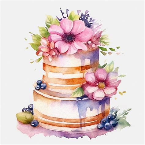 Premium Photo There Is A Watercolor Painting Of A Cake With Flowers