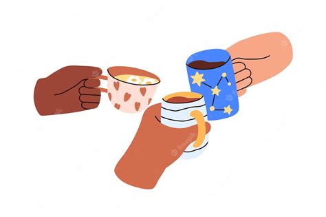 Premium Vector Cheers With Tea And Coffee Cups Hands With Mugs With