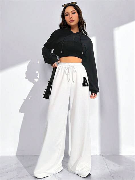 Shein Ezwear Letter Patched Drawstring Waist Wide Leg Sweatpants