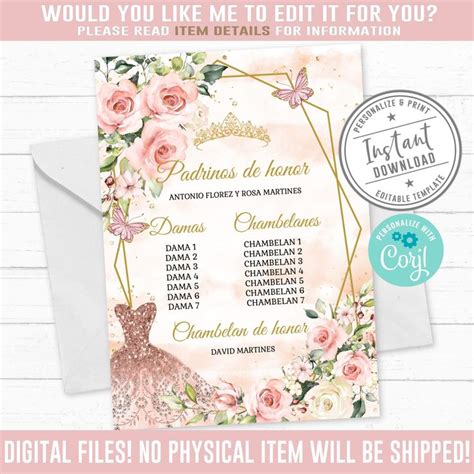 EDITABLE Lista De Padrinos Corjl Template List of | Etsy | Quinceanera ...