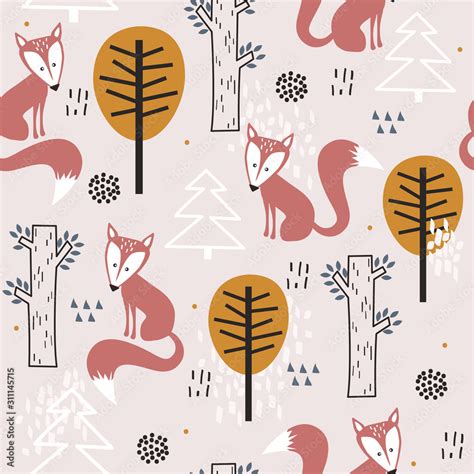 Foxes, fir trees and trees, hand drawn backdrop. Colorful seamless pattern with animals ...