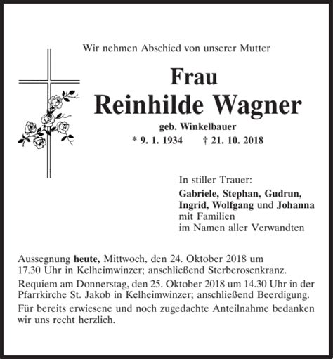 Traueranzeigen Von Reinhilde Wagner Mittelbayerische Trauer