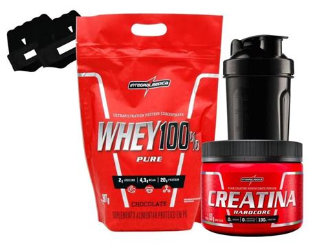 Combo Whey Protein 100 Creatina Shaker Luva Integral Medica Integral