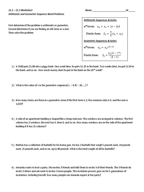 11 4 A Arithmetic And Geometric Sequences And Series Word Problems Worksheets Library