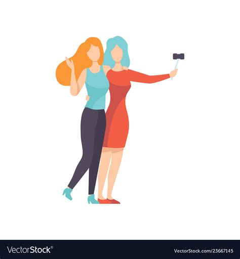 Two Beautiful Women Friends Making Self Photo Vector Image