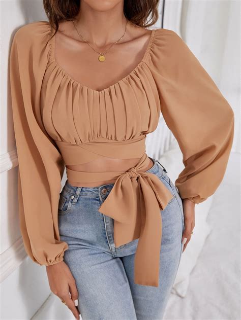 Ruched Bust Lantern Sleeve Knot Front Crop Blouse Blue Fashion Autumn