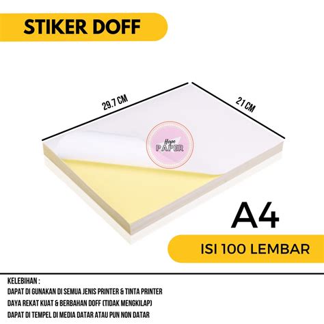 Jual Kertas Stiker Doff A4 isi 100 lembar / Kertas Sticker Doff A4 ...