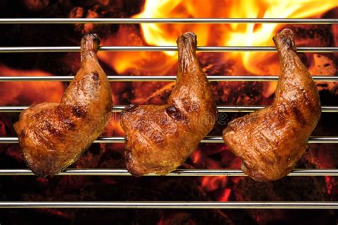 Grilled Bbq Roast Chicken Thigh On The Flaming Grill Stock Image Image Of Drumstick Gourmet