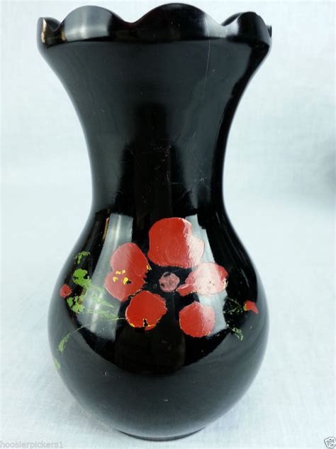 Black Amethyst Glass Vase Scalloped Edge Hand Painted Flowers 6 1 4 Tall Amethyst Glass